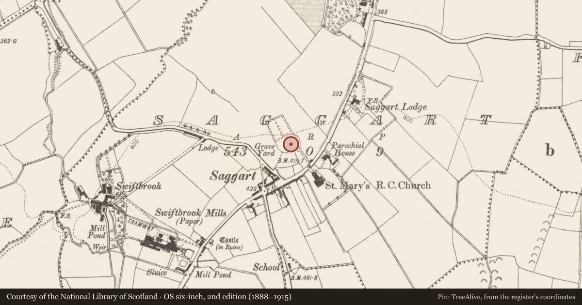 Ordnance Survey six-inch map, 2nd edition (1888–1915) covering the location of Cross, Saggart, County Dublin, with a pin at the register's coordinates