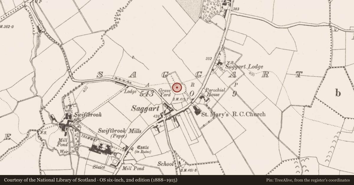 Ordnance Survey six-inch map, 2nd edition (1888–1915) covering the location of Cross, Saggart, County Dublin, with a pin at the register's coordinates