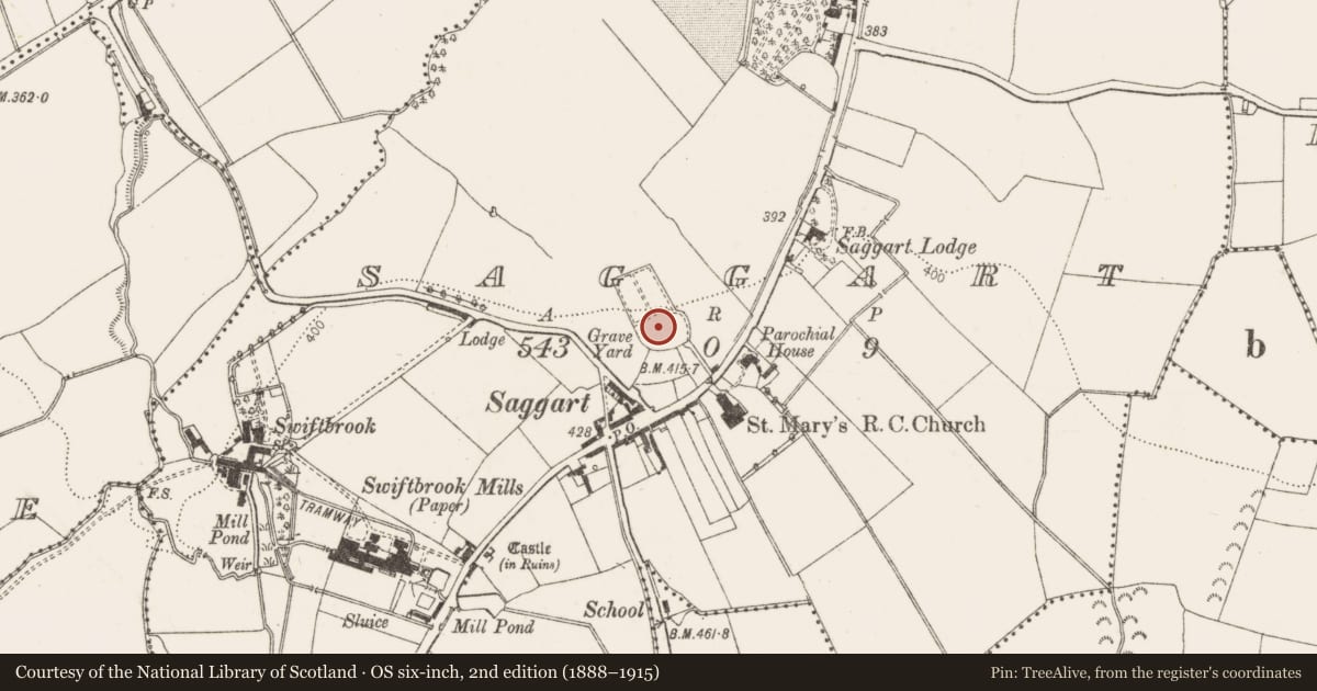 Ordnance Survey six-inch map, 2nd edition (1888–1915) covering the location of Stone head, Saggart, County Dublin, with a pin at the register's coordinates