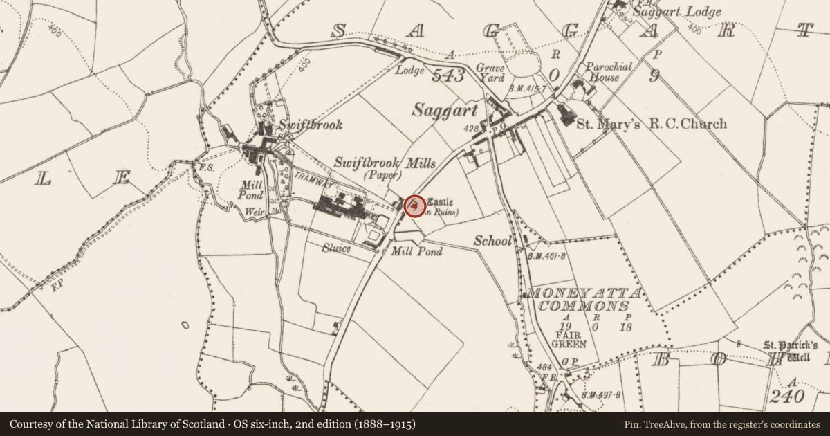 Ordnance Survey six-inch map, 2nd edition (1888–1915) covering the location of Castle - tower house, Saggart, County Dublin, with a pin at the register's coordinates