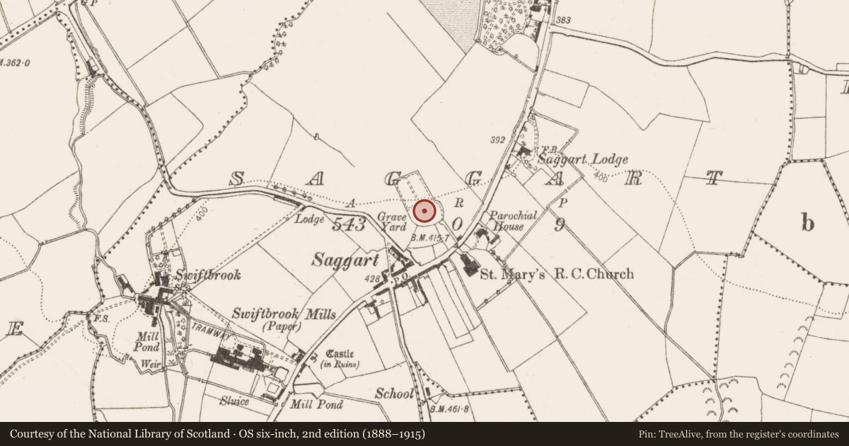 Ordnance Survey six-inch map, 2nd edition (1888–1915) covering the location of Font, Saggart, County Dublin, with a pin at the register's coordinates