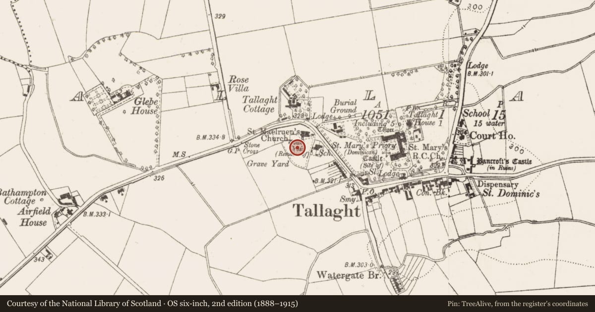 Ordnance Survey six-inch map, 2nd edition (1888–1915) covering the location of Historic town, Tallaght, County Dublin, with a pin at the register's coordinates