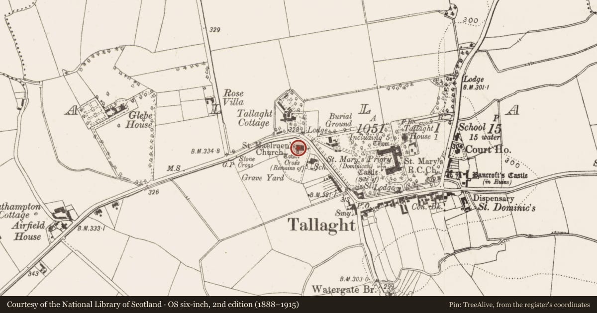Ordnance Survey six-inch map, 2nd edition (1888–1915) covering the location of Church, Tallaght, County Dublin, with a pin at the register's coordinates