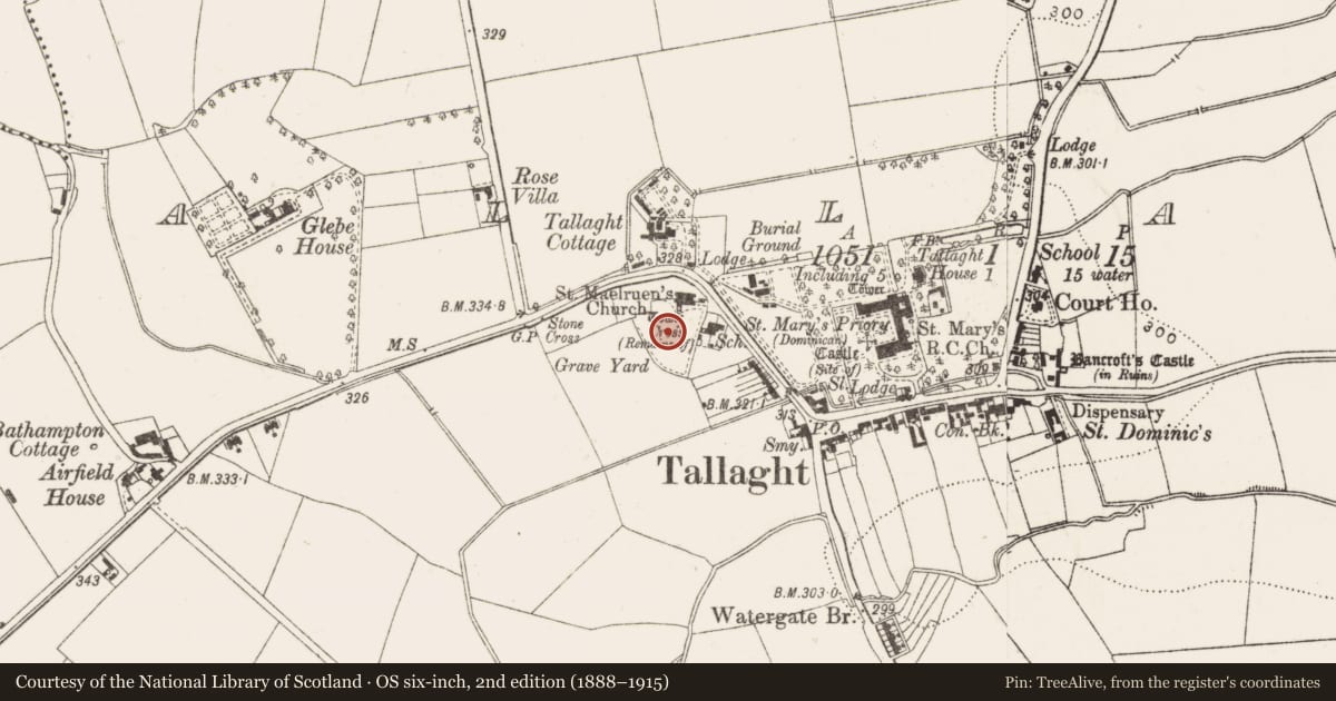 Ordnance Survey six-inch map, 2nd edition (1888–1915) covering the location of Tomb - unclassified (present location), Tallaght, County Dublin, with a pin at the register's coordinates