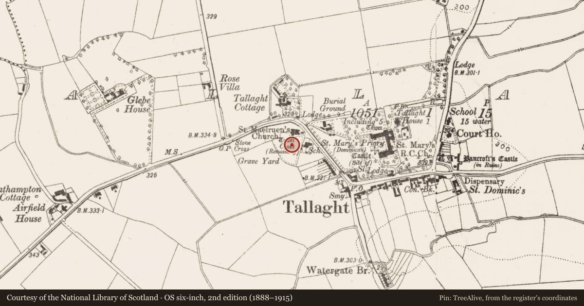 Ordnance Survey six-inch map, 2nd edition (1888–1915) covering the location of Cross, Tallaght, County Dublin, with a pin at the register's coordinates