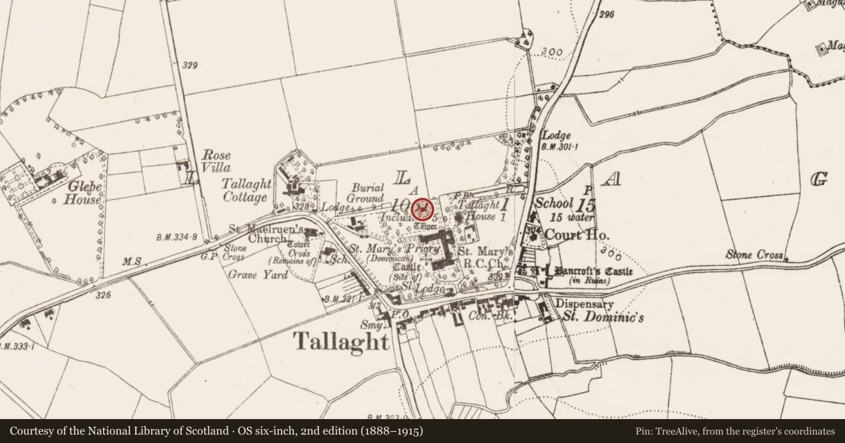 Ordnance Survey six-inch map, 2nd edition (1888–1915) covering the location of Ritual site - holy tree/bush, Tallaght, County Dublin, with a pin at the register's coordinates