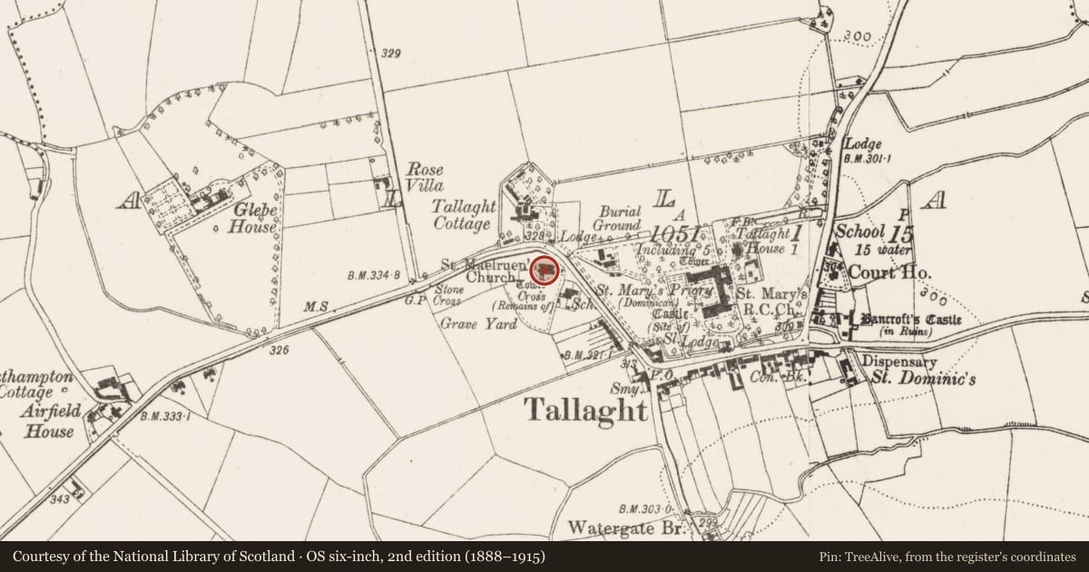 Ordnance Survey six-inch map, 2nd edition (1888–1915) covering the location of Tomb - unclassified, Tallaght, County Dublin, with a pin at the register's coordinates
