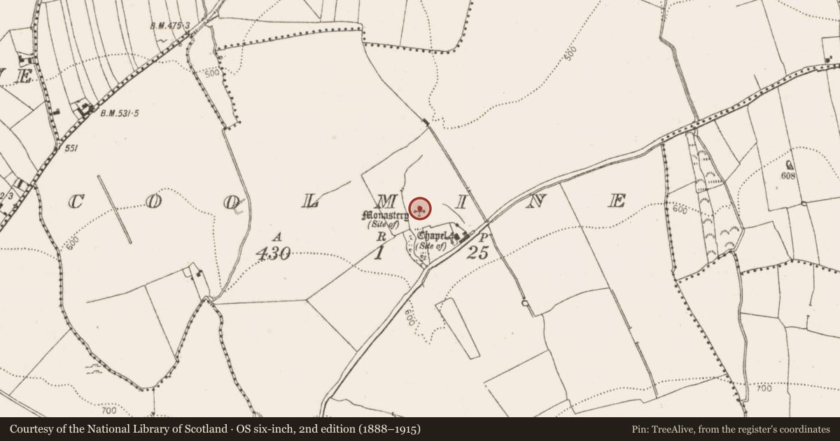 Ordnance Survey six-inch map, 2nd edition (1888–1915) covering the location of Ecclesiastical site, Coolmine, County Dublin, with a pin at the register's coordinates