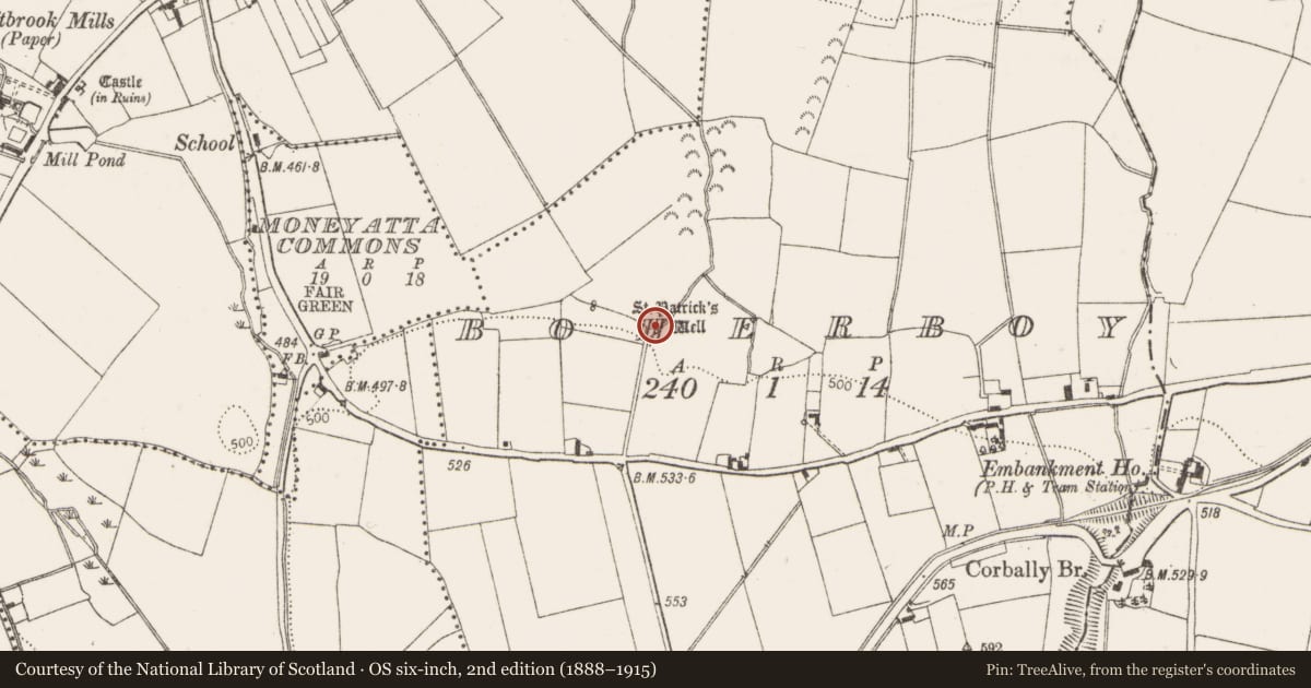 Ordnance Survey six-inch map, 2nd edition (1888–1915) covering the location of Ritual site - holy well, Boherboy, County Dublin, with a pin at the register's coordinates