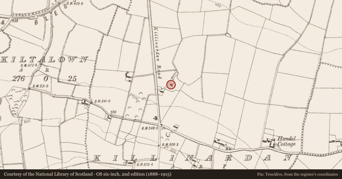 Ordnance Survey six-inch map, 2nd edition (1888–1915) covering the location of Ritual site - holy well, Killinardan, County Dublin, with a pin at the register's coordinates