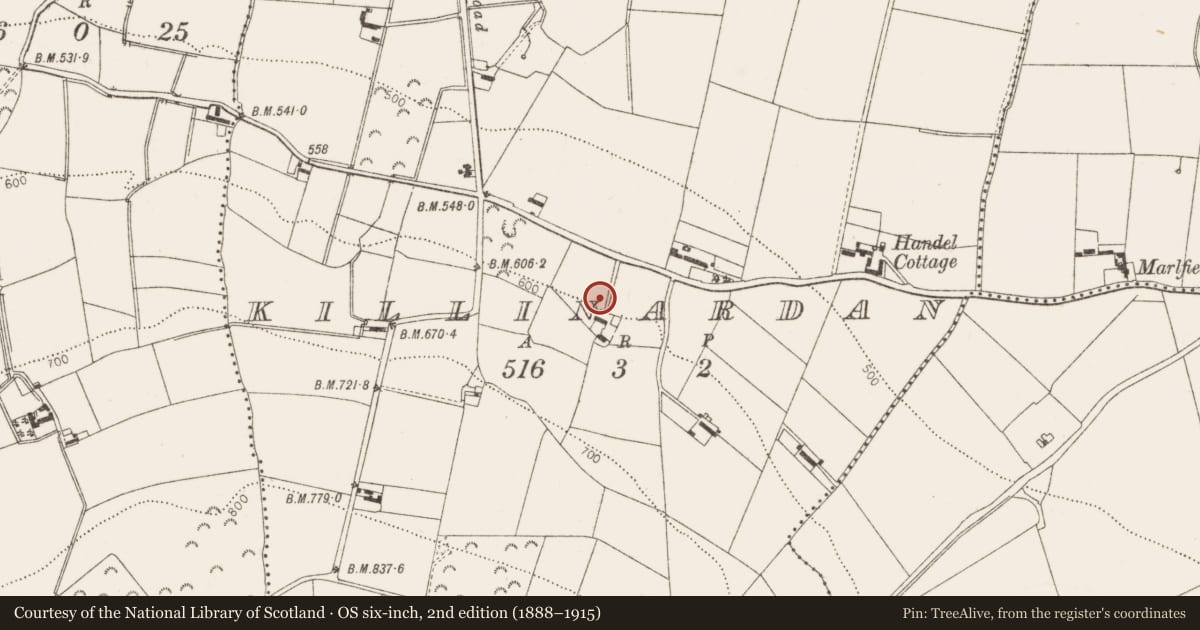 Ordnance Survey six-inch map, 2nd edition (1888–1915) covering the location of Enclosure, Killinardan, County Dublin, with a pin at the register's coordinates