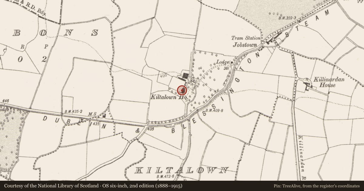 Ordnance Survey six-inch map, 2nd edition (1888–1915) covering the location of Church, Kiltalown, County Dublin, with a pin at the register's coordinates