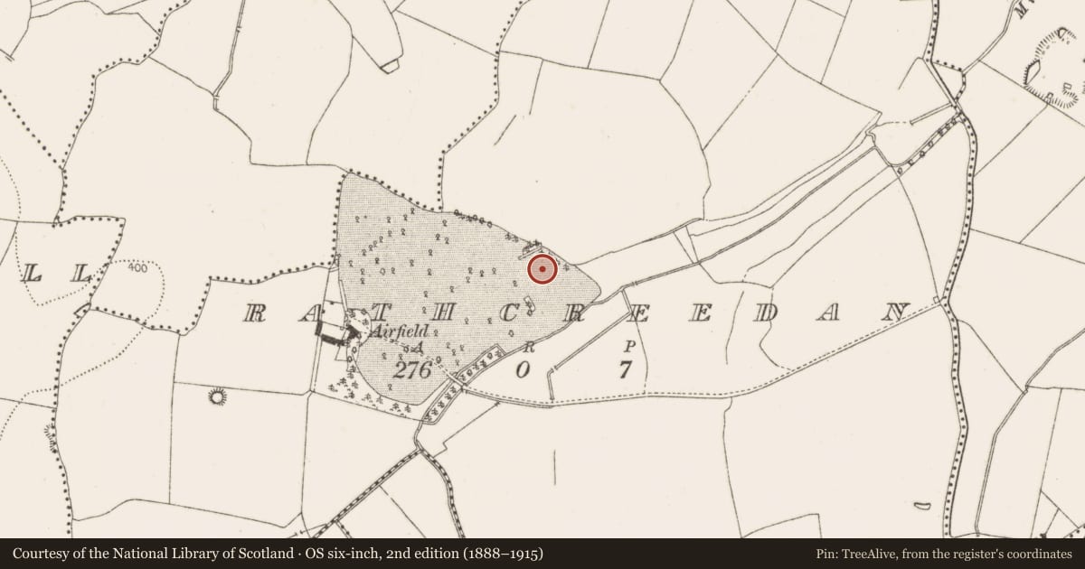 Ordnance Survey six-inch map, 2nd edition (1888–1915) covering the location of Moated site, Rathcreedan, County Dublin, with a pin at the register's coordinates