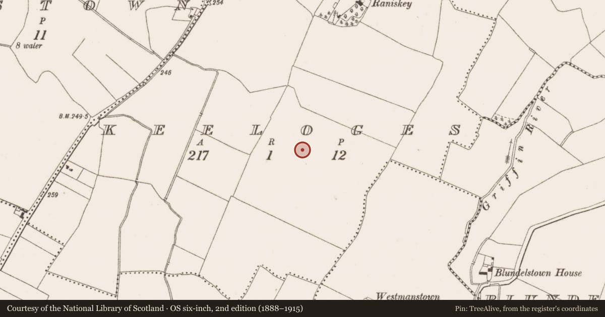 Ordnance Survey six-inch map, 2nd edition (1888–1915) covering the location of Ring-ditch, Keeloges, County Dublin, with a pin at the register's coordinates
