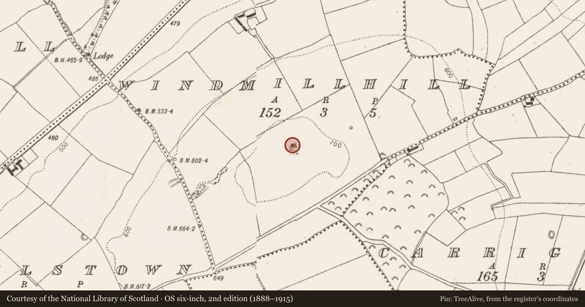 Ordnance Survey six-inch map, 2nd edition (1888–1915) covering the location of Cairn - burial cairn, Windmillhill, County Dublin, with a pin at the register's coordinates