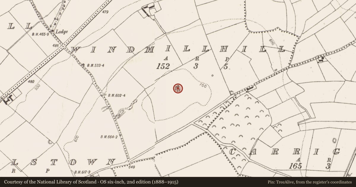 Ordnance Survey six-inch map, 2nd edition (1888–1915) covering the location of Ceremonial enclosure, Windmillhill, County Dublin, with a pin at the register's coordinates