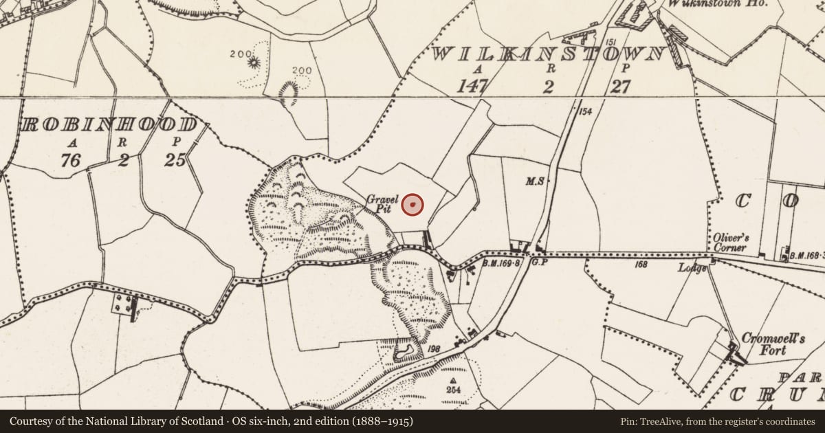 Ordnance Survey six-inch map, 2nd edition (1888–1915) covering the location of Ritual site - holy well, County Dublin, with a pin at the register's coordinates