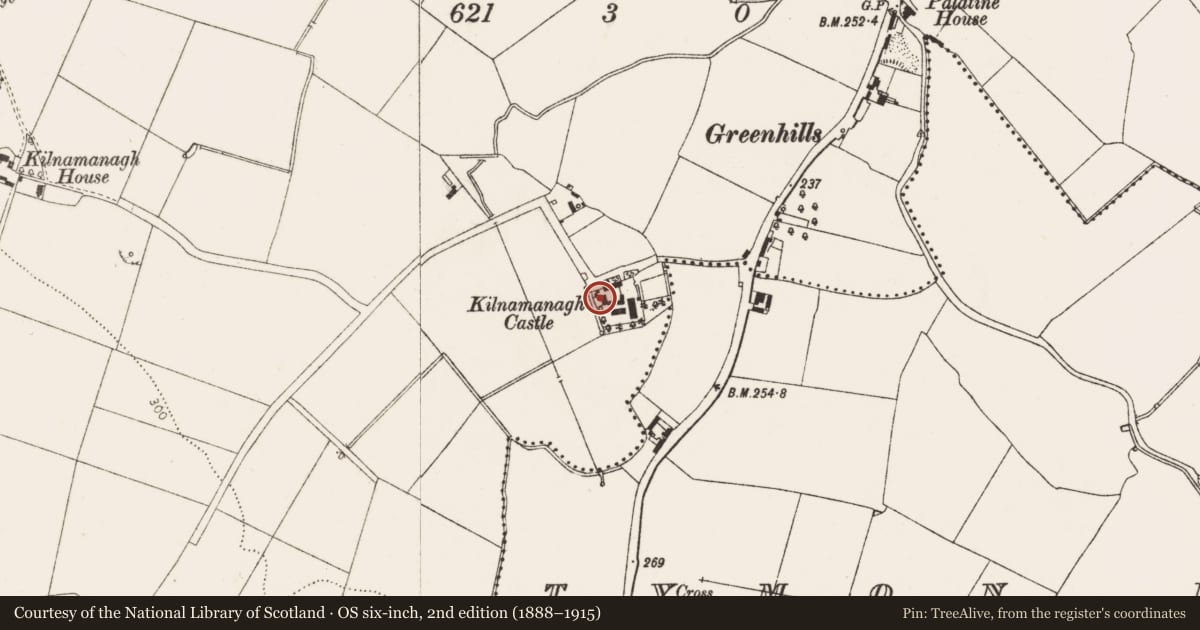 Ordnance Survey six-inch map, 2nd edition (1888–1915) covering the location of Castle - tower house, Kilnamanagh, County Dublin, with a pin at the register's coordinates