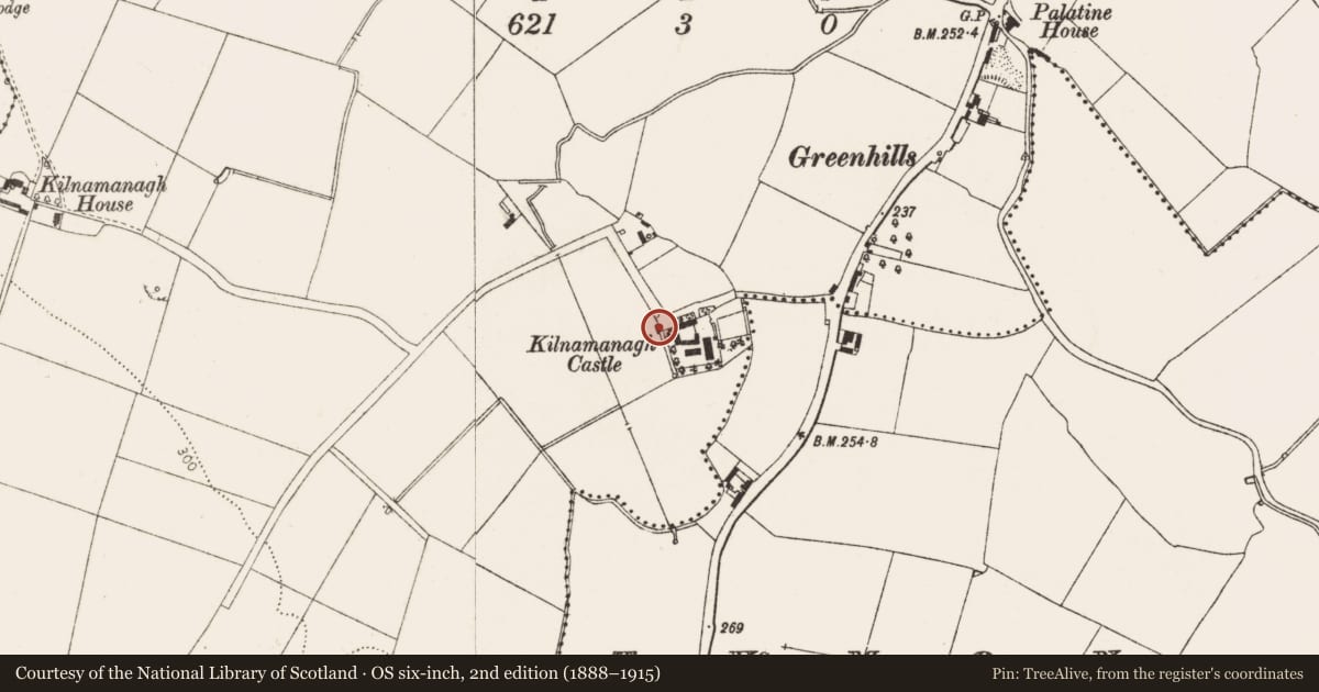Ordnance Survey six-inch map, 2nd edition (1888–1915) covering the location of Graveyard, Kilnamanagh, County Dublin, with a pin at the register's coordinates