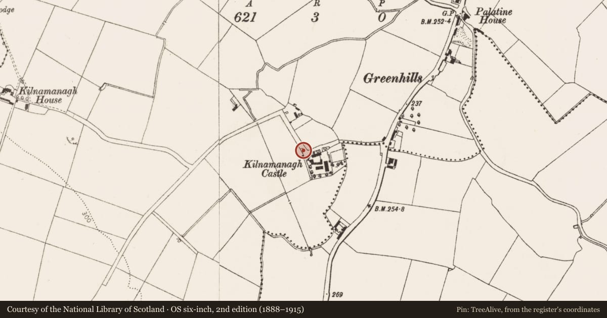 Ordnance Survey six-inch map, 2nd edition (1888–1915) covering the location of Ritual site - holy well, Kilnamanagh, County Dublin, with a pin at the register's coordinates