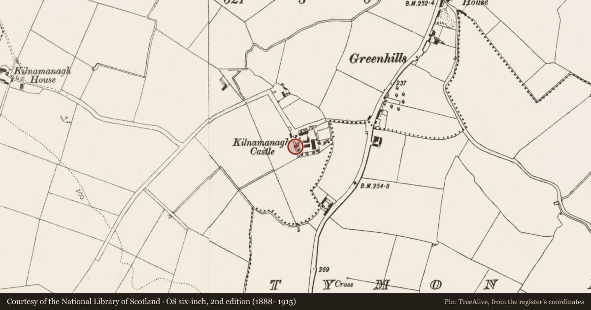 Ordnance Survey six-inch map, 2nd edition (1888–1915) covering the location of Bawn, Kilnamanagh, County Dublin, with a pin at the register's coordinates