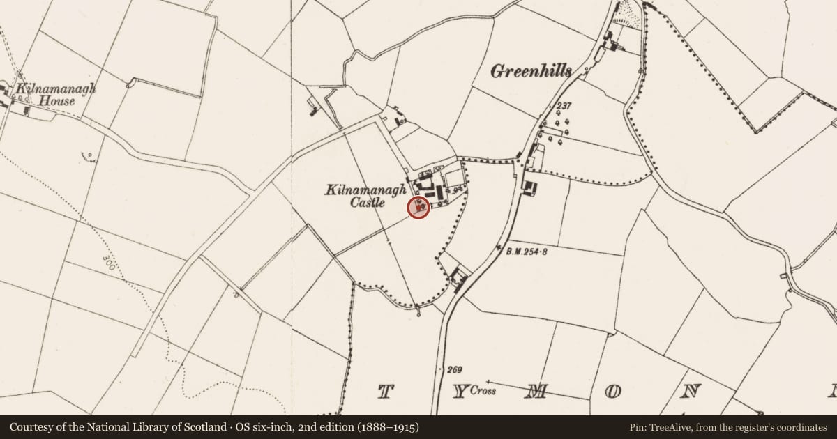 Ordnance Survey six-inch map, 2nd edition (1888–1915) covering the location of Earthwork, Kilnamanagh, County Dublin, with a pin at the register's coordinates