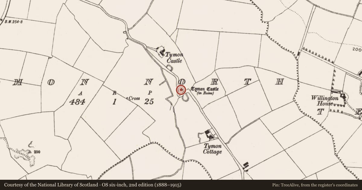 Ordnance Survey six-inch map, 2nd edition (1888–1915) covering the location of Castle - tower house, Tymon North, County Dublin, with a pin at the register's coordinates