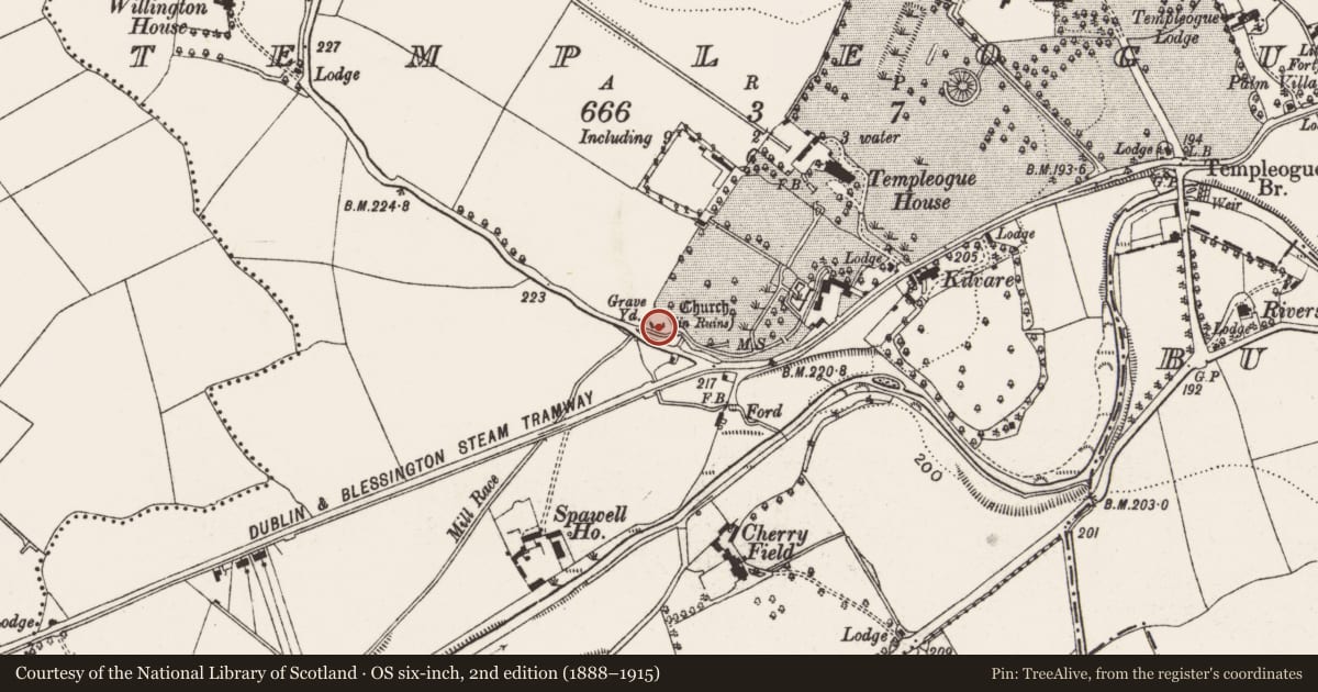 Ordnance Survey six-inch map, 2nd edition (1888–1915) covering the location of Church, Templeogue, County Dublin, with a pin at the register's coordinates