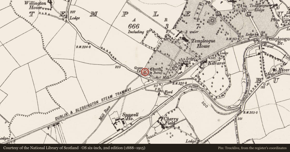 Ordnance Survey six-inch map, 2nd edition (1888–1915) covering the location of Graveyard, Templeogue, County Dublin, with a pin at the register's coordinates