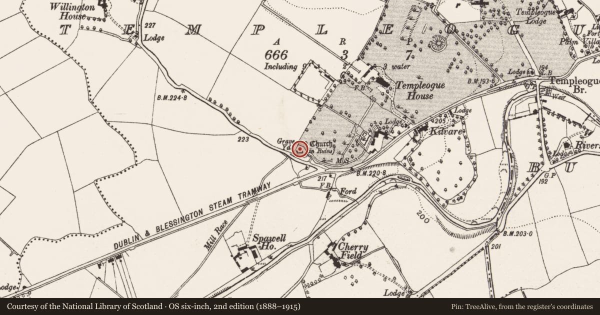 Ordnance Survey six-inch map, 2nd edition (1888–1915) covering the location of Graveslab, Templeogue, County Dublin, with a pin at the register's coordinates
