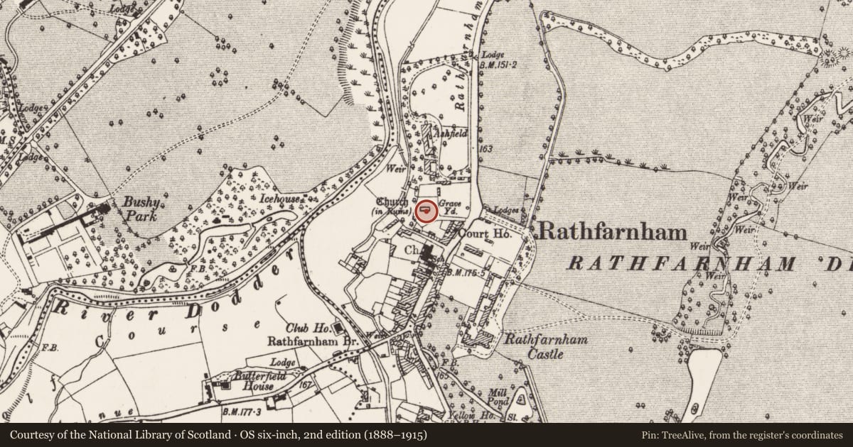 Ordnance Survey six-inch map, 2nd edition (1888–1915) covering the location of Church, Rathfarnham, County Dublin, with a pin at the register's coordinates