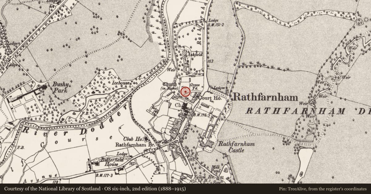 Ordnance Survey six-inch map, 2nd edition (1888–1915) covering the location of Graveyard, Rathfarnham, County Dublin, with a pin at the register's coordinates