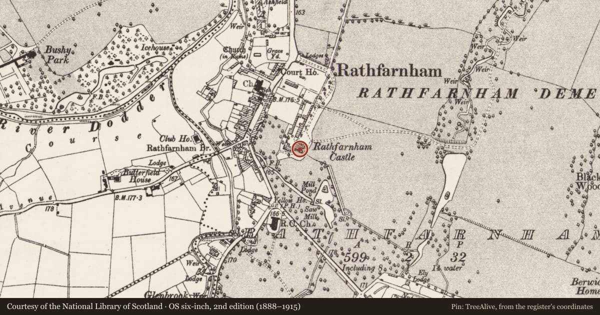 Ordnance Survey six-inch map, 2nd edition (1888–1915) covering the location of House - fortified house, Rathfarnham, County Dublin, with a pin at the register's coordinates