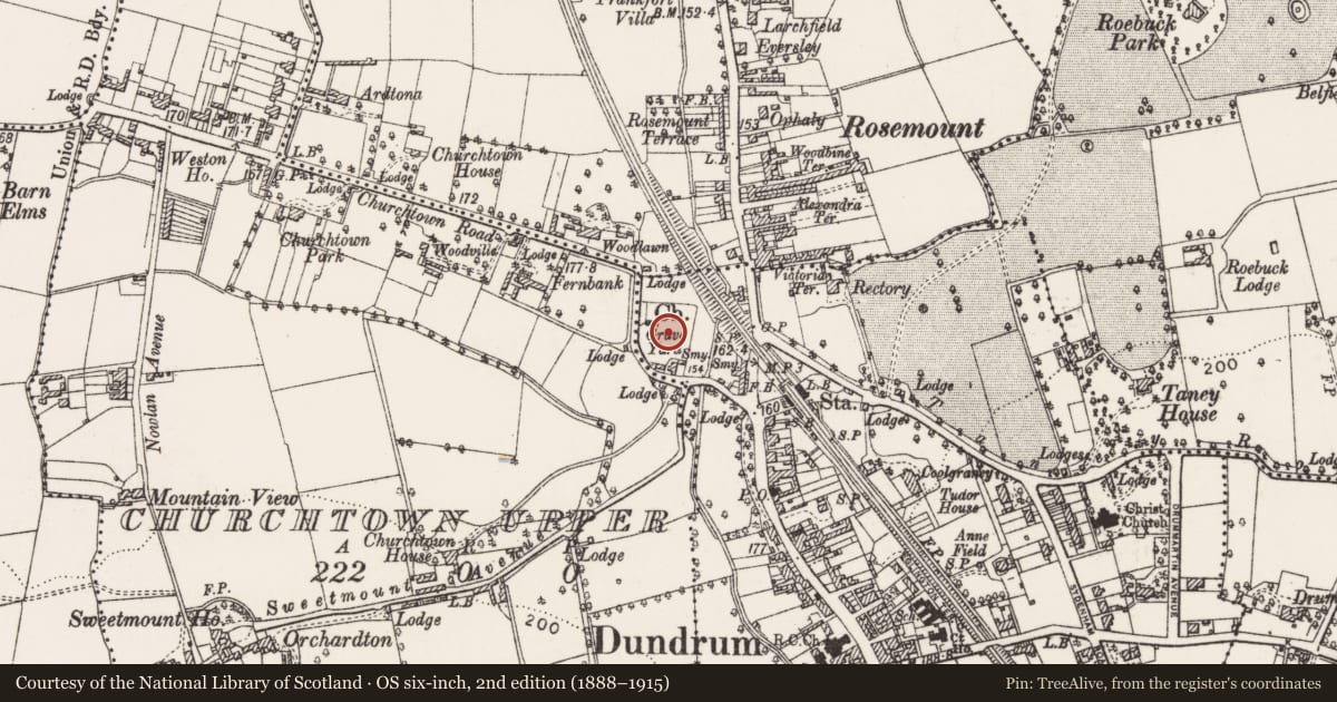 Ordnance Survey six-inch map, 2nd edition (1888–1915) covering the location of Ecclesiastical enclosure, Dundrum, County Dublin, with a pin at the register's coordinates