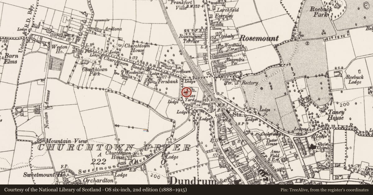 Ordnance Survey six-inch map, 2nd edition (1888–1915) covering the location of Church, Dundrum, County Dublin, with a pin at the register's coordinates