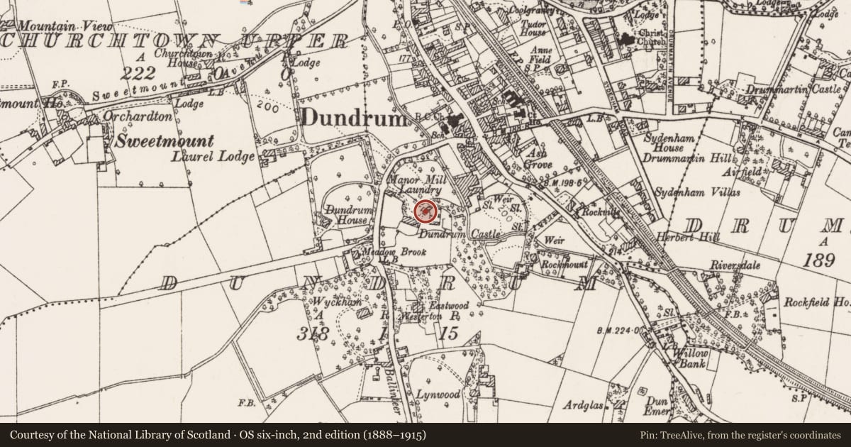 Ordnance Survey six-inch map, 2nd edition (1888–1915) covering the location of Castle - tower house, Dundrum, County Dublin, with a pin at the register's coordinates