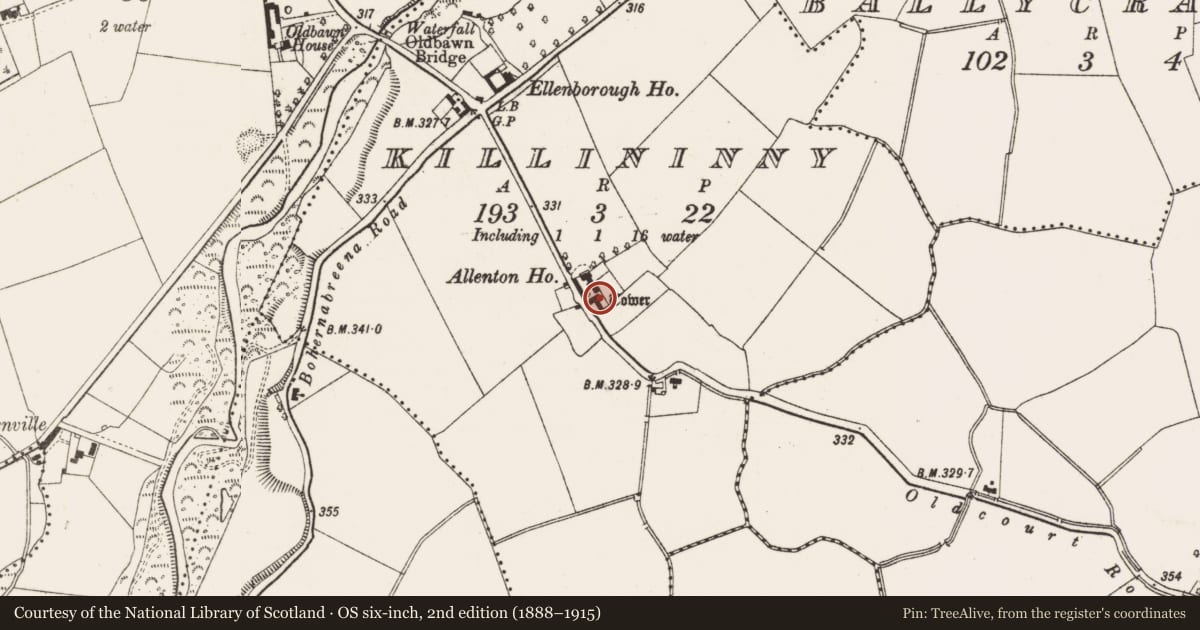 Ordnance Survey six-inch map, 2nd edition (1888–1915) covering the location of House - 16th/17th century, Killininny, County Dublin, with a pin at the register's coordinates