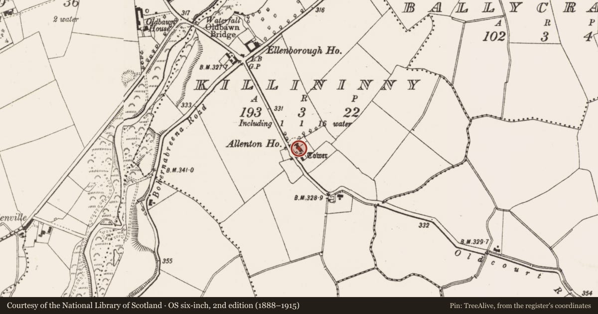 Ordnance Survey six-inch map, 2nd edition (1888–1915) covering the location of House - 18th/19th century, Killininny, County Dublin, with a pin at the register's coordinates