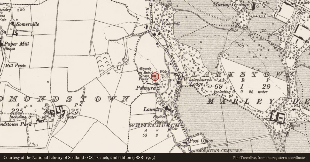 Ordnance Survey six-inch map, 2nd edition (1888–1915) covering the location of Church, Whitechurch, County Dublin, with a pin at the register's coordinates