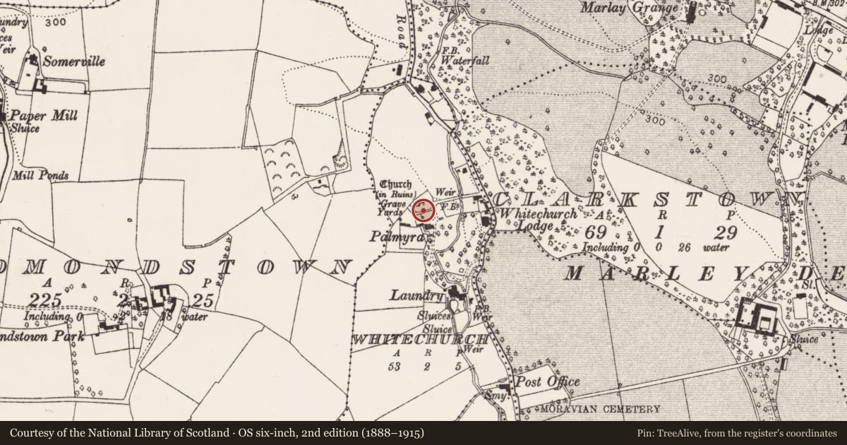 Ordnance Survey six-inch map, 2nd edition (1888–1915) covering the location of Graveyard, Whitechurch, County Dublin, with a pin at the register's coordinates