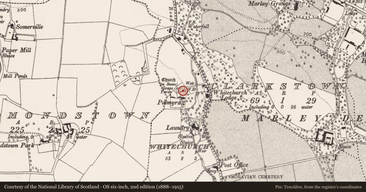 Ordnance Survey six-inch map, 2nd edition (1888–1915) covering the location of Cross-slab, Whitechurch, County Dublin, with a pin at the register's coordinates