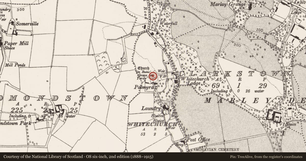 Ordnance Survey six-inch map, 2nd edition (1888–1915) covering the location of Font, Whitechurch, County Dublin, with a pin at the register's coordinates