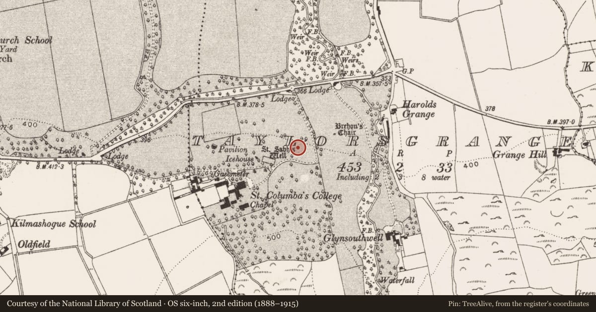 Ordnance Survey six-inch map, 2nd edition (1888–1915) covering the location of Ritual site - holy well, Taylorsgrange, County Dublin, with a pin at the register's coordinates