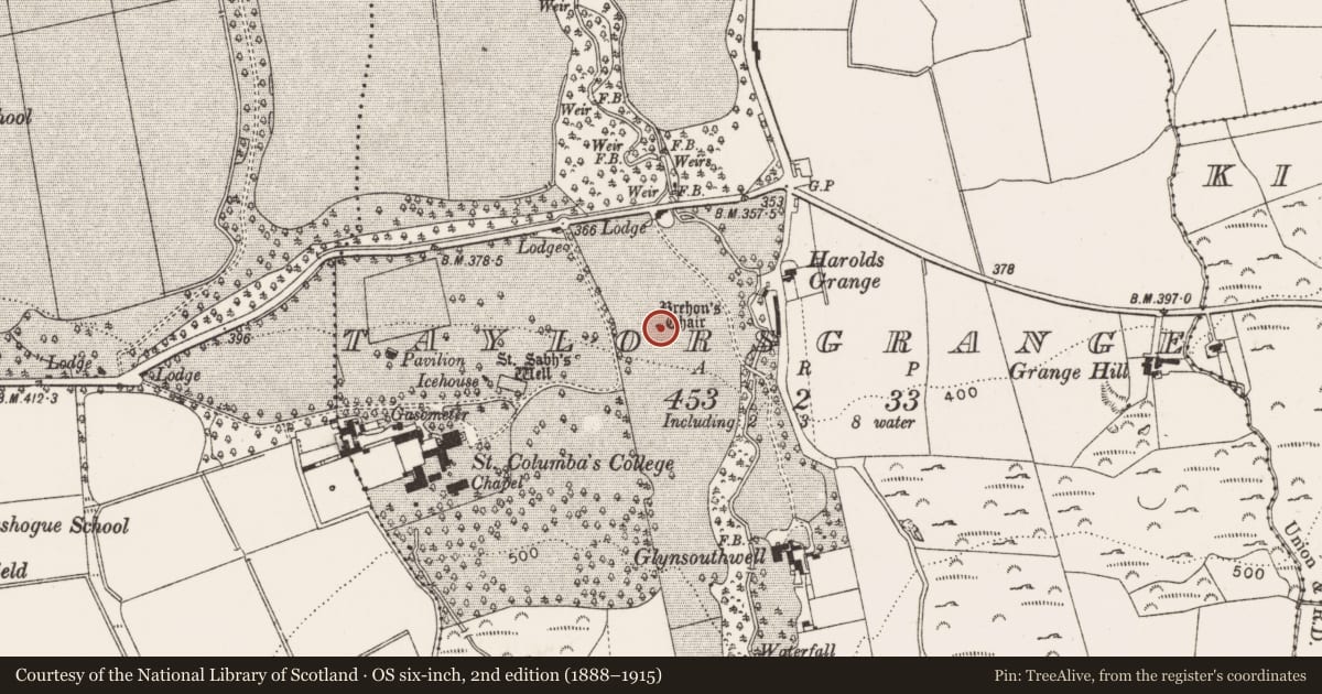 Ordnance Survey six-inch map, 2nd edition (1888–1915) covering the location of Megalithic tomb - portal tomb, Taylorsgrange, County Dublin, with a pin at the register's coordinates