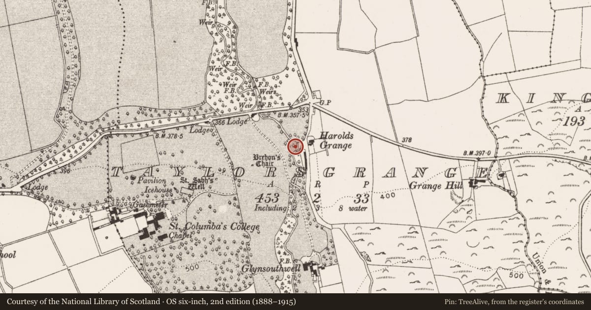Ordnance Survey six-inch map, 2nd edition (1888–1915) covering the location of Church, Taylorsgrange, County Dublin, with a pin at the register's coordinates