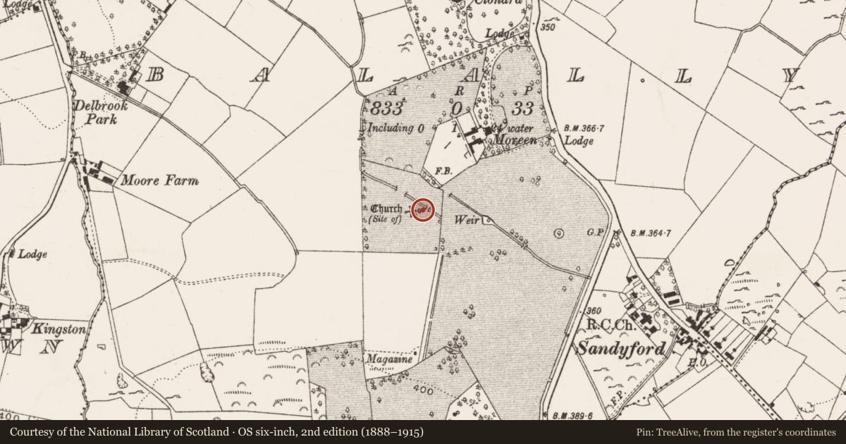 Ordnance Survey six-inch map, 2nd edition (1888–1915) covering the location of Church, Balally, County Dublin, with a pin at the register's coordinates