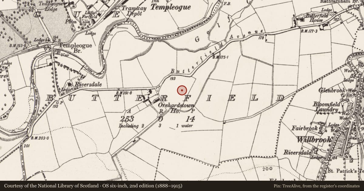 Ordnance Survey six-inch map, 2nd edition (1888–1915) covering the location of Ecclesiastical enclosure, Butterfield, County Dublin, with a pin at the register's coordinates