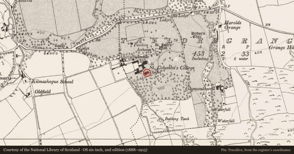 Ordnance Survey six-inch map, 2nd edition (1888–1915) covering the location of Cross-slab (present location), Taylorsgrange, County Dublin, with a pin at the register's coordinates
