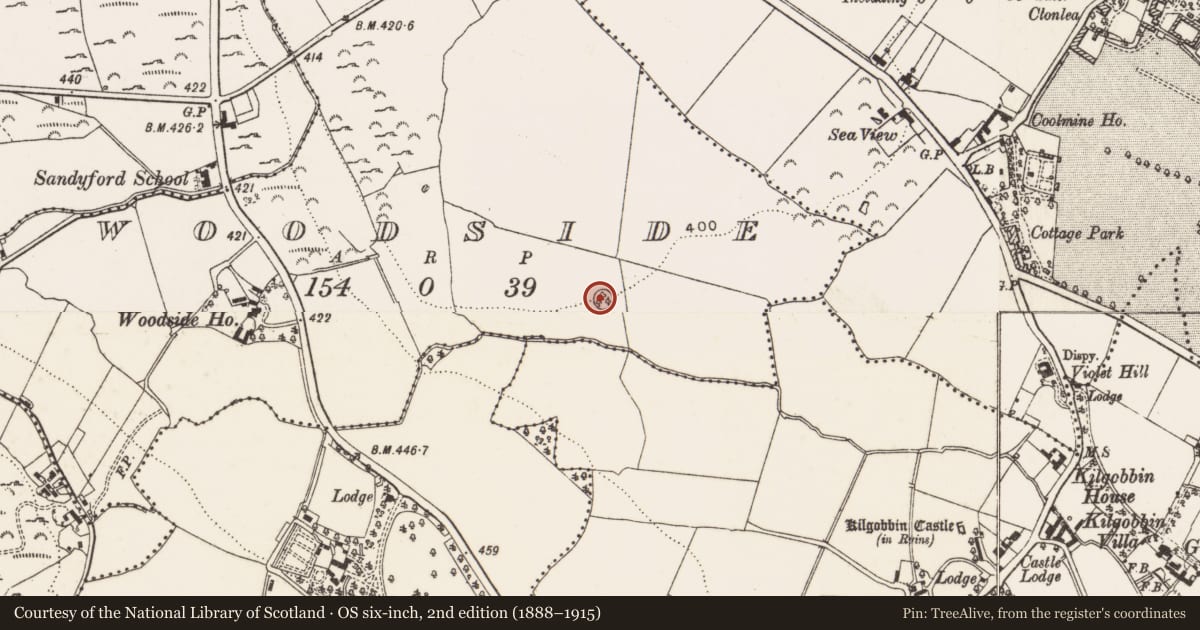 Ordnance Survey six-inch map, 2nd edition (1888–1915) covering the location of Designed landscape - tree-ring, Woodside, County Dublin, with a pin at the register's coordinates