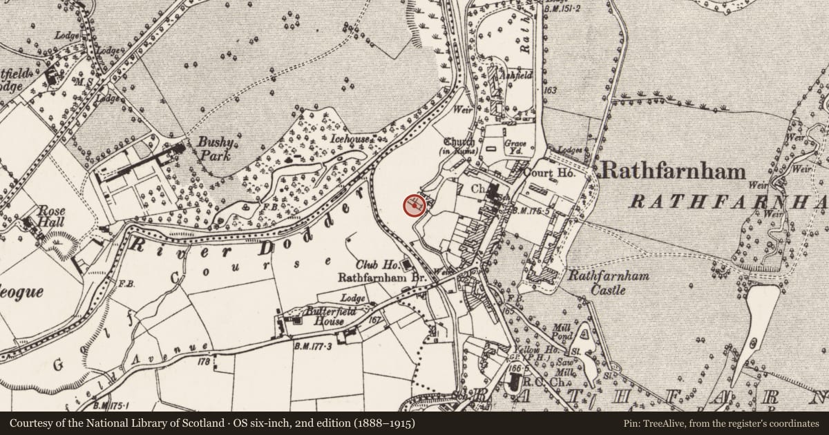 Ordnance Survey six-inch map, 2nd edition (1888–1915) covering the location of Water mill - unclassified, Rathfarnham, County Dublin, with a pin at the register's coordinates